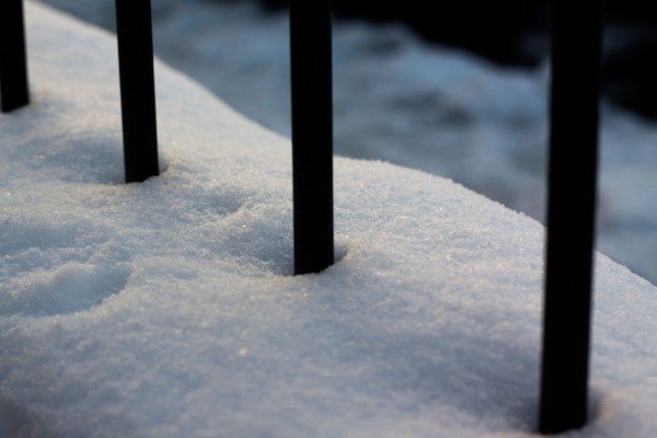 snow covered railings
